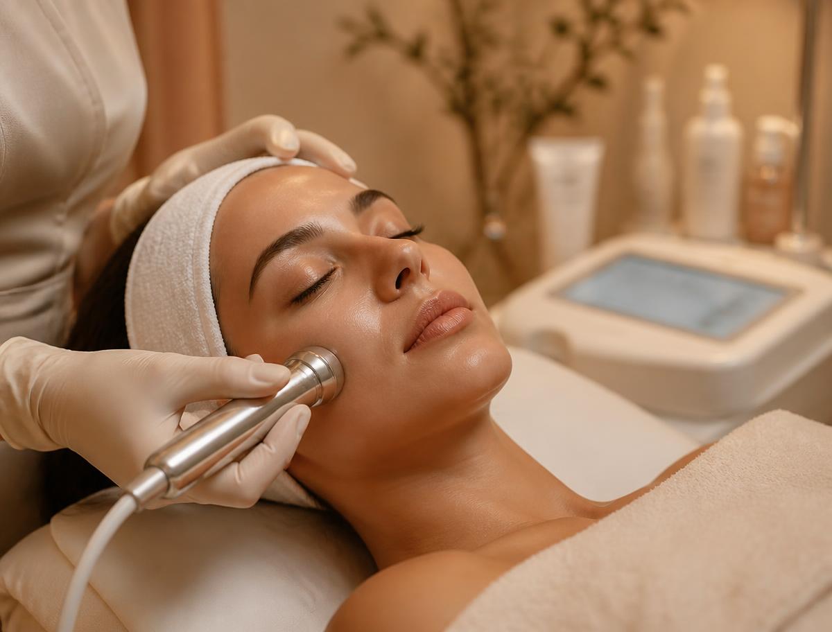 Tratamento facial com aparelho de alta frequência em cliente deitada