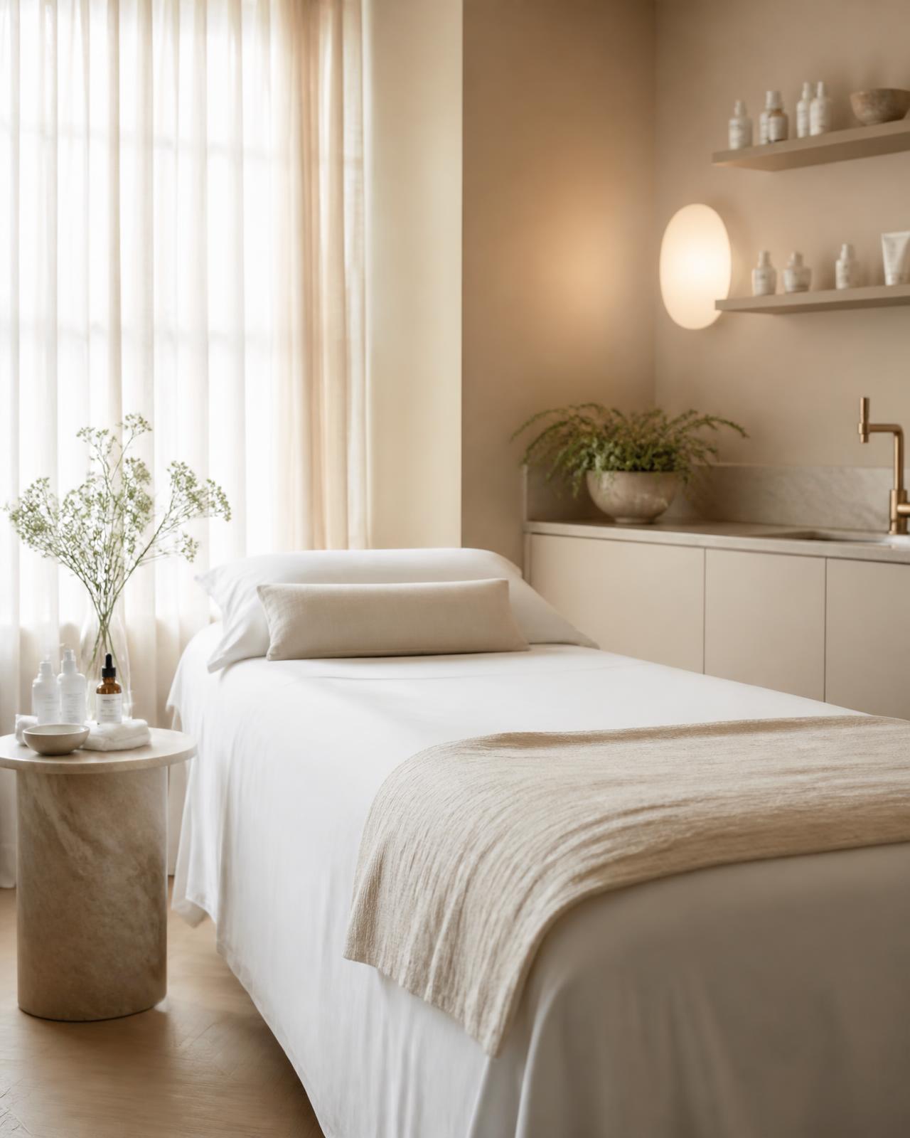 Sala de atendimento estético com maca preparada, luz natural suave e produtos de cuidado com a pele