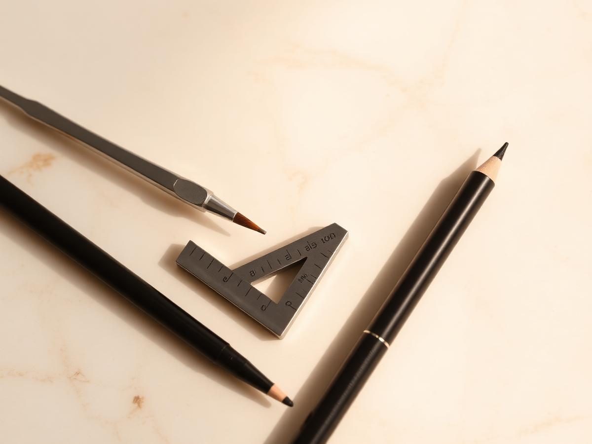 Instrumentos de design de sobrancelhas: pinça, régua e lápis sobre superfície clara